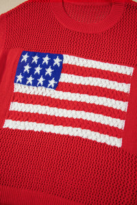 Bright Red American Flag Knit Short Sleeve Top