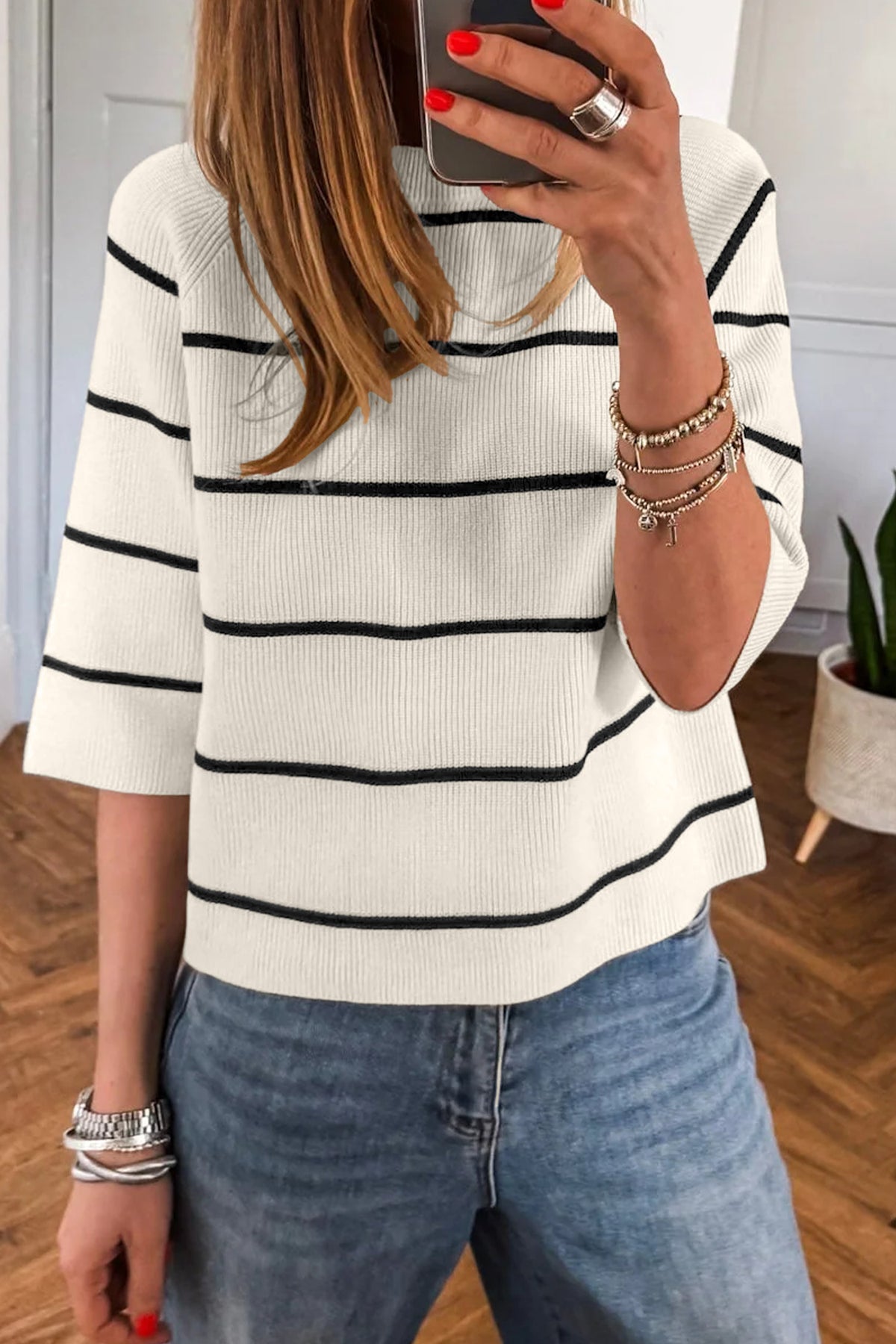 White w/Black Stripes Knit 3/4 Sleeve Lightweight Sweater