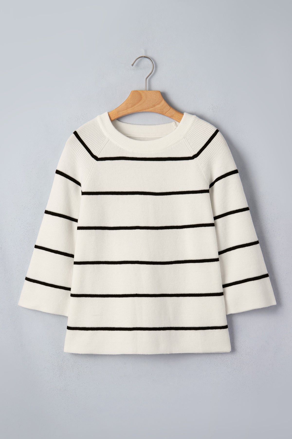 White w/Black Stripes Knit 3/4 Sleeve Lightweight Sweater