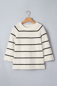 White w/Black Stripes Knit 3/4 Sleeve Lightweight Sweater