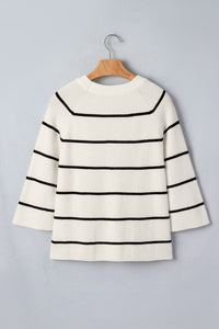 White w/Black Stripes Knit 3/4 Sleeve Lightweight Sweater