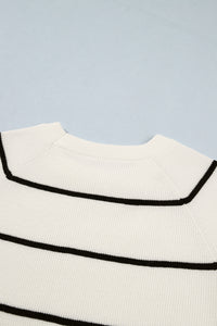 White w/Black Stripes Knit 3/4 Sleeve Lightweight Sweater