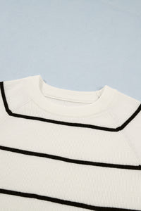 White w/Black Stripes Knit 3/4 Sleeve Lightweight Sweater