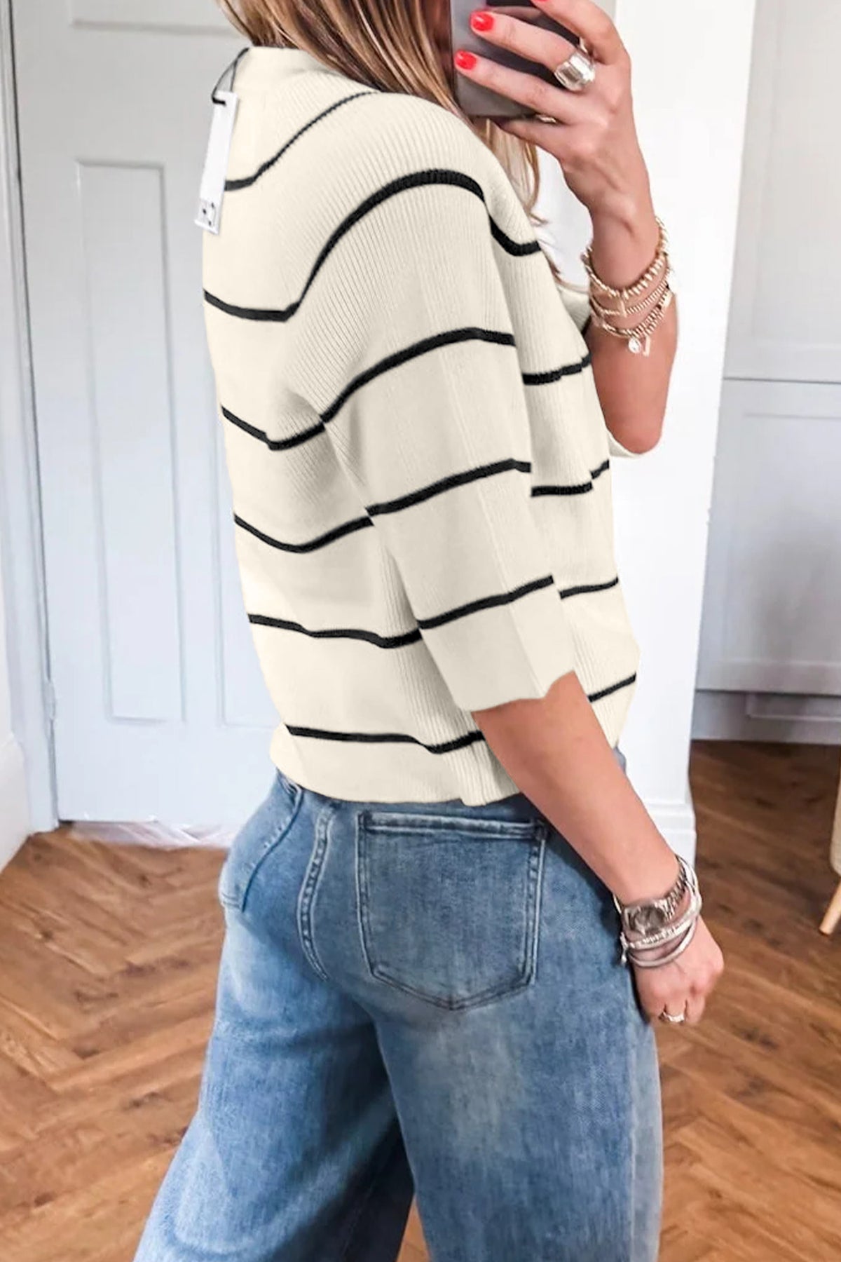 White w/Black Stripes Knit 3/4 Sleeve Lightweight Sweater
