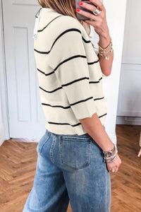 White w/Black Stripes Knit 3/4 Sleeve Lightweight Sweater