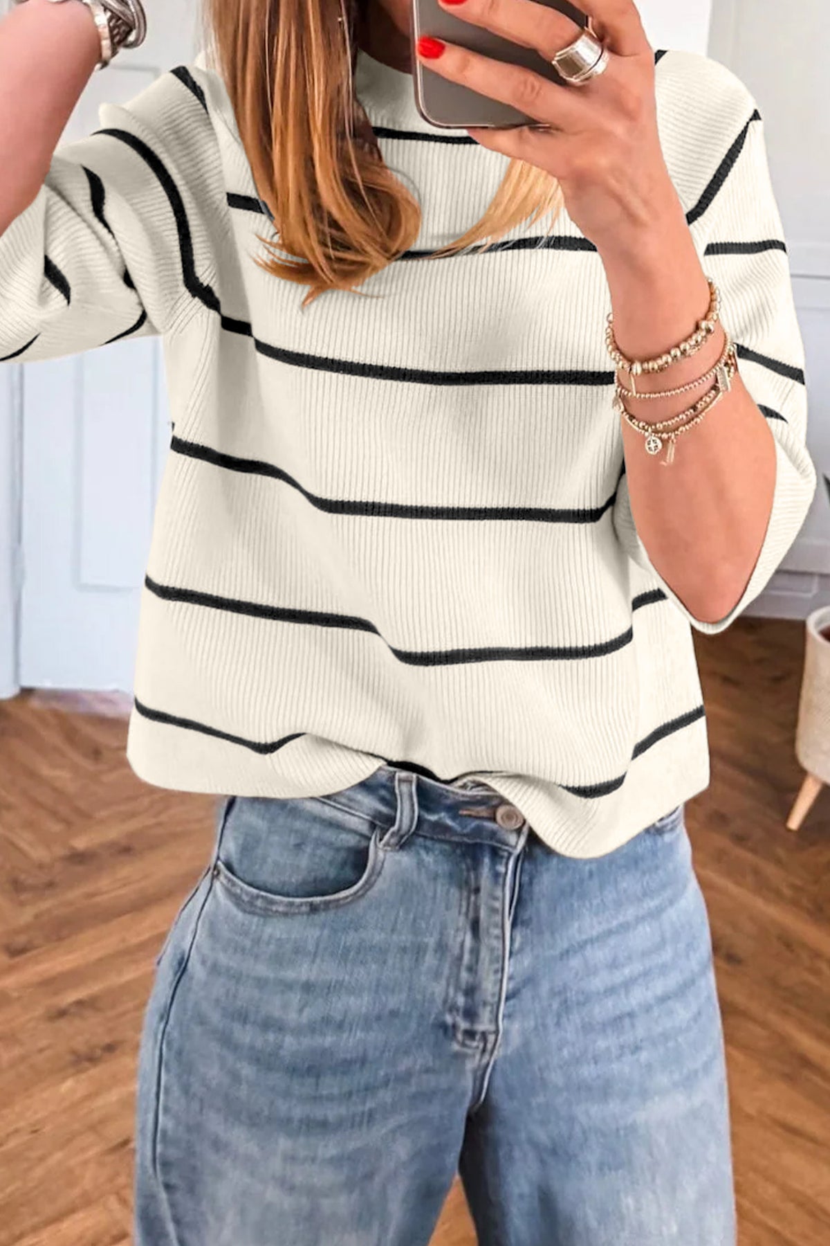 White w/Black Stripes Knit 3/4 Sleeve Lightweight Sweater