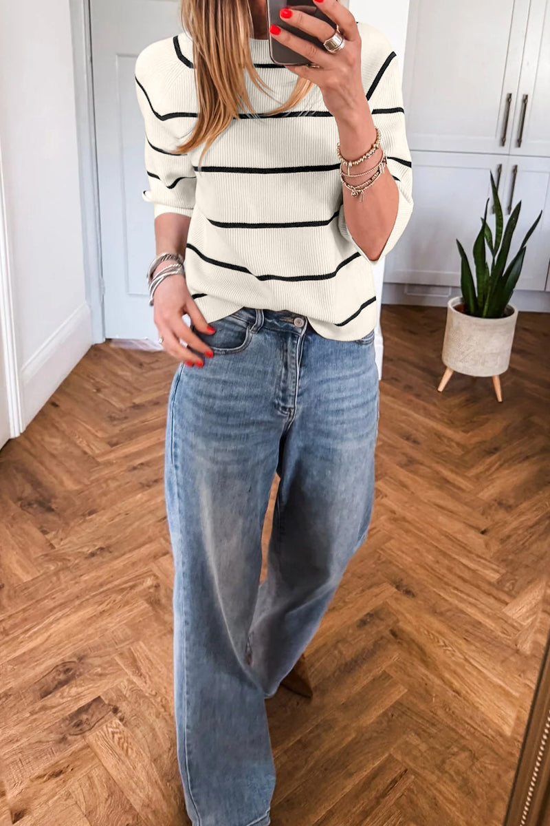 White w/Black Stripes Knit 3/4 Sleeve Lightweight Sweater