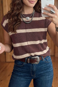 Brown & Tan Striped Short Sleeve Sweater
