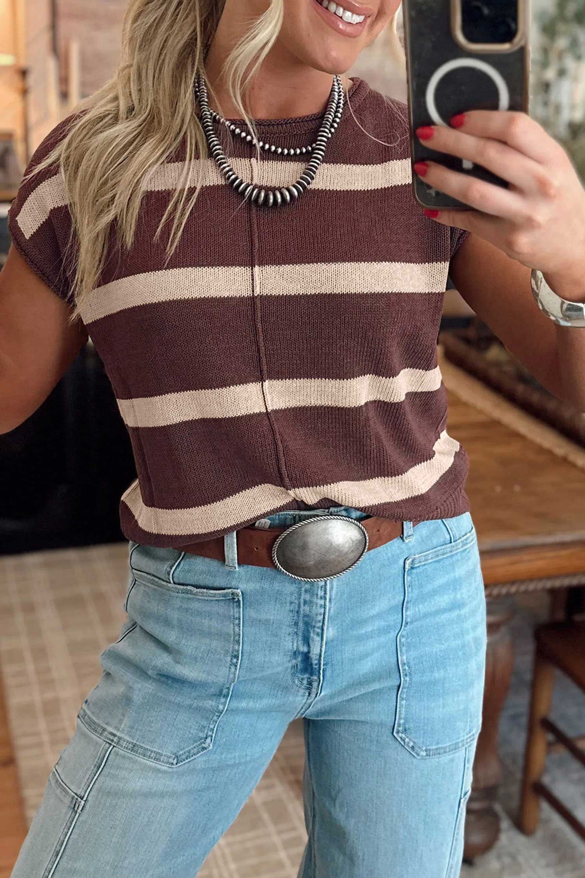 Brown & Tan Striped Short Sleeve Sweater
