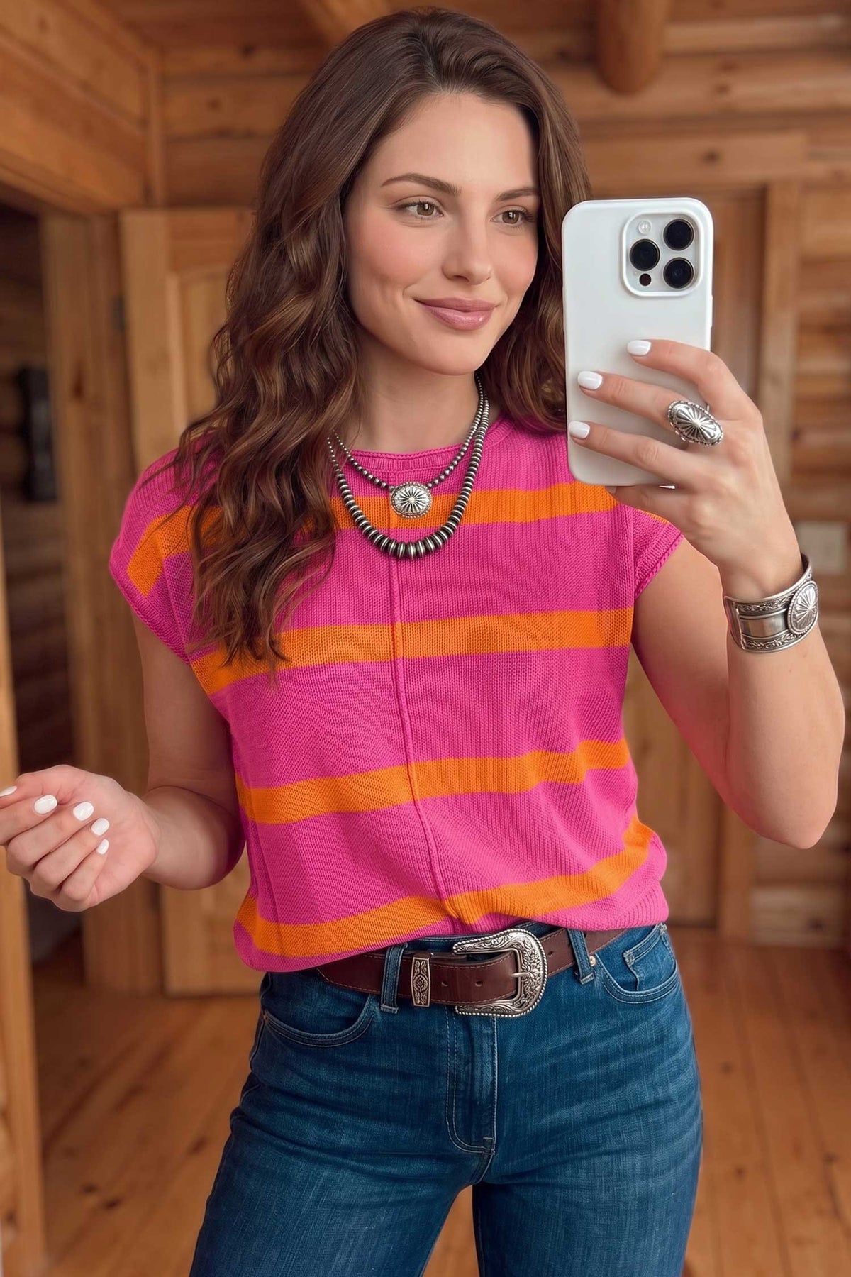 Striped (Pink/Orange) Short Sleeve Sweater
