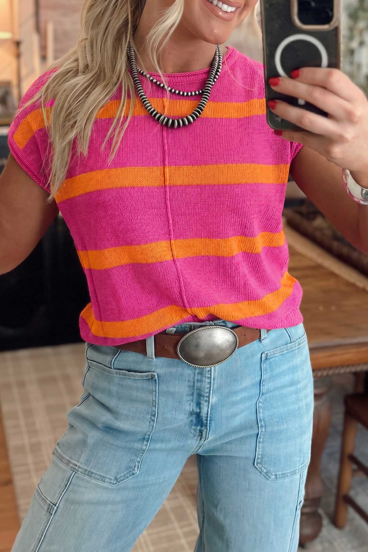 Striped (Pink/Orange) Short Sleeve Sweater