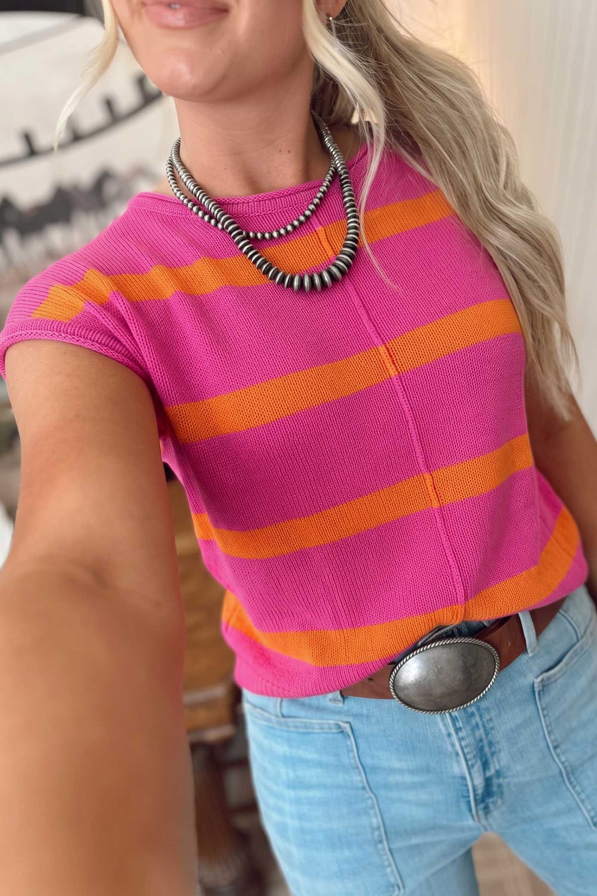 Striped (Pink/Orange) Short Sleeve Sweater
