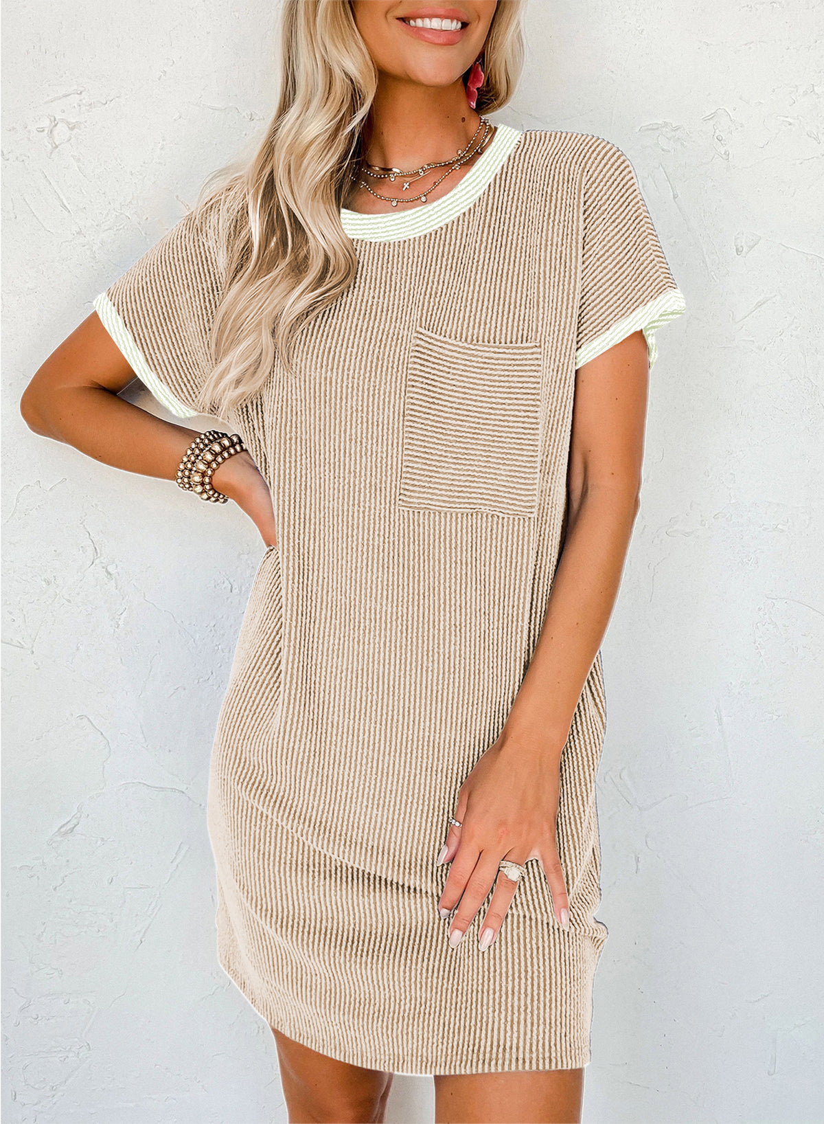 Tan Ribbed T-Shirt Dress with White Trim & Chest Pocket