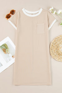 Tan Ribbed T-Shirt Dress with White Trim & Chest Pocket