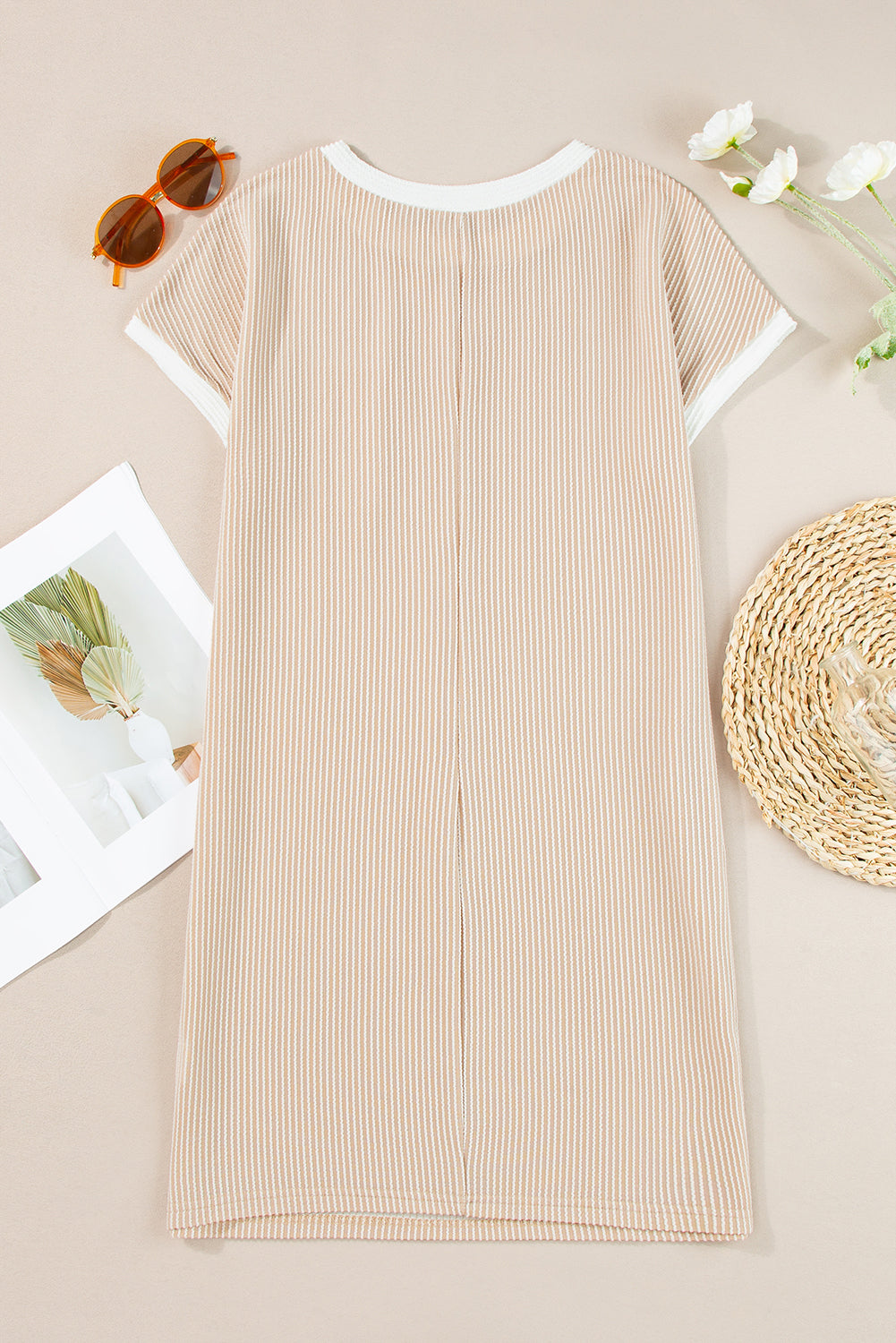 Tan Ribbed T-Shirt Dress with White Trim & Chest Pocket