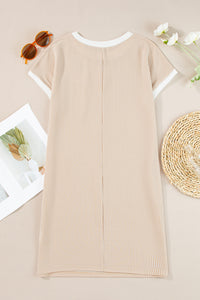 Tan Ribbed T-Shirt Dress with White Trim & Chest Pocket