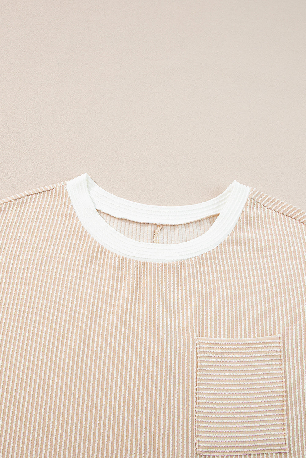 Tan Ribbed T-Shirt Dress with White Trim & Chest Pocket