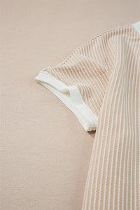 Tan Ribbed T-Shirt Dress with White Trim & Chest Pocket