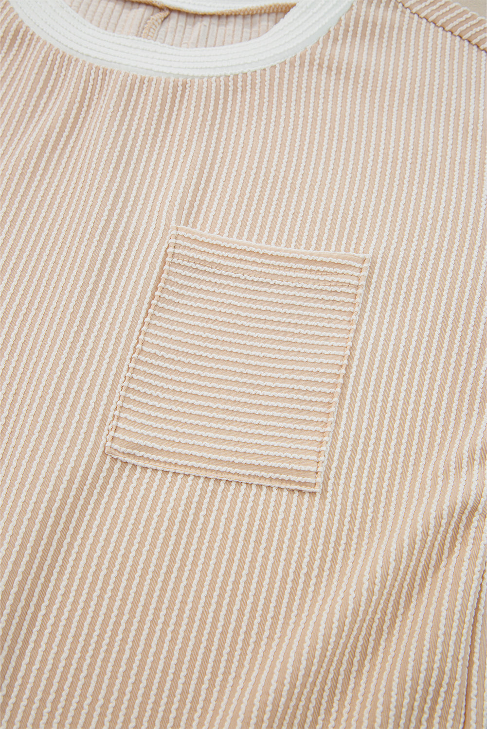 Tan Ribbed T-Shirt Dress with White Trim & Chest Pocket