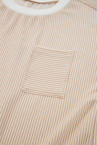Tan Ribbed T-Shirt Dress with White Trim & Chest Pocket