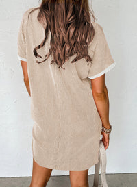 Tan Ribbed T-Shirt Dress with White Trim & Chest Pocket