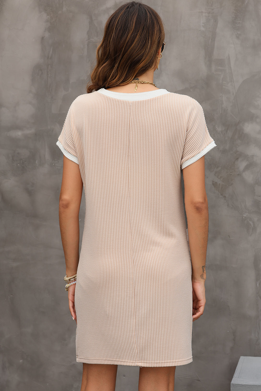Tan Ribbed T-Shirt Dress with White Trim & Chest Pocket