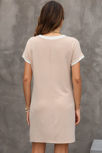 Tan Ribbed T-Shirt Dress with White Trim & Chest Pocket