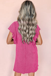 Bold Pink Ribbed Dress with Ruffled Mini-Sleeves