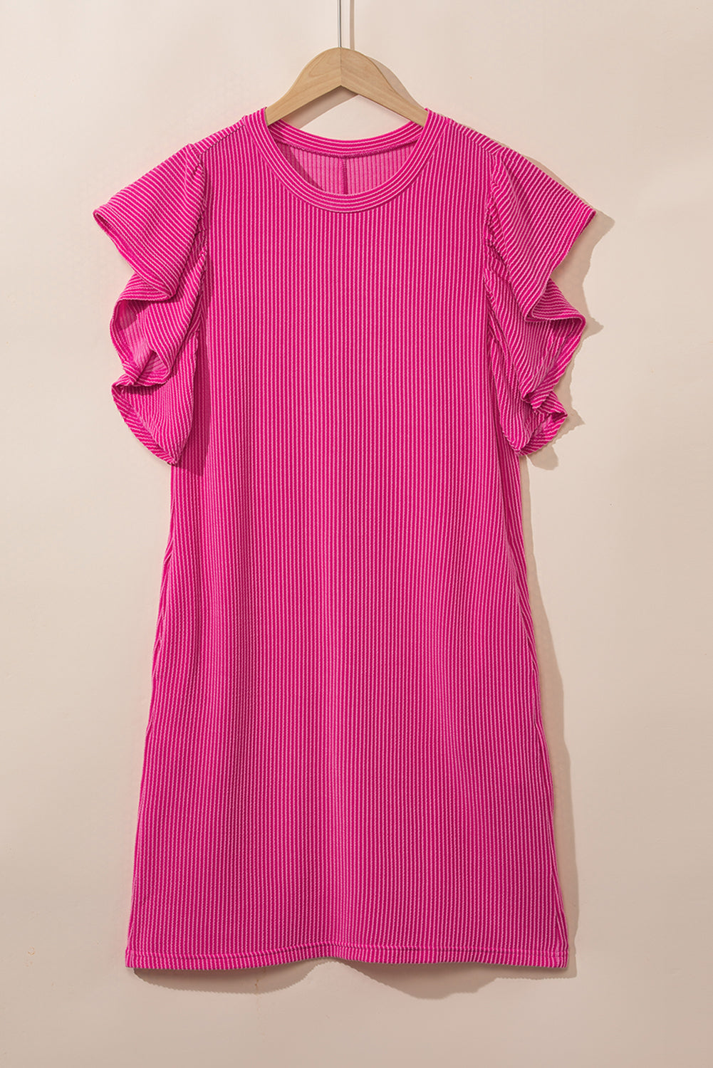 Bold Pink Ribbed Dress with Ruffled Mini-Sleeves