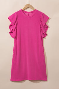 Bold Pink Ribbed Dress with Ruffled Mini-Sleeves