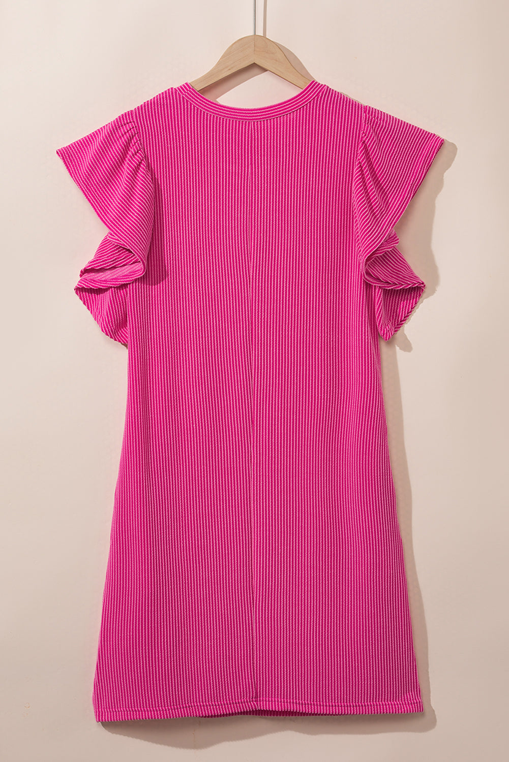 Bold Pink Ribbed Dress with Ruffled Mini-Sleeves