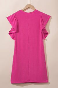 Bold Pink Ribbed Dress with Ruffled Mini-Sleeves