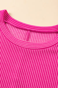 Bold Pink Ribbed Dress with Ruffled Mini-Sleeves
