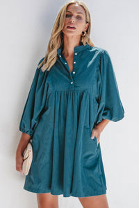 Corduroy (Blue) 3/4 Bracelet Sleeve Mini Dress w/Pockets