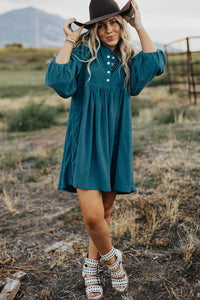 Corduroy (Blue) 3/4 Bracelet Sleeve Mini Dress w/Pockets