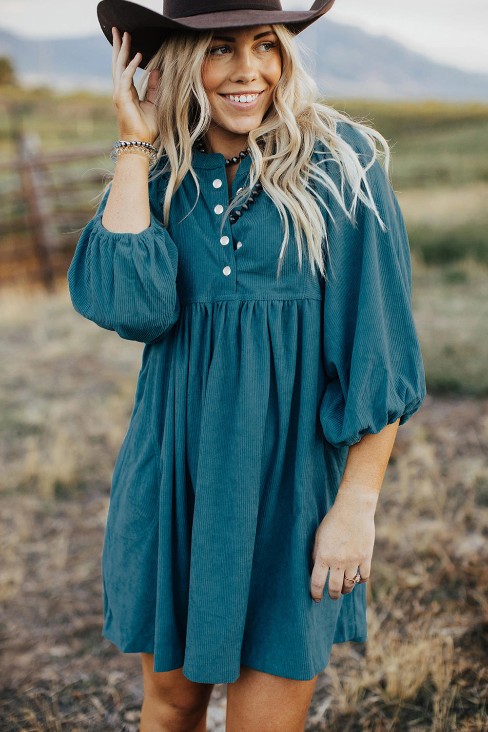 Corduroy (Blue) 3/4 Bracelet Sleeve Mini Dress w/Pockets