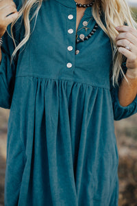 Corduroy (Blue) 3/4 Bracelet Sleeve Mini Dress w/Pockets
