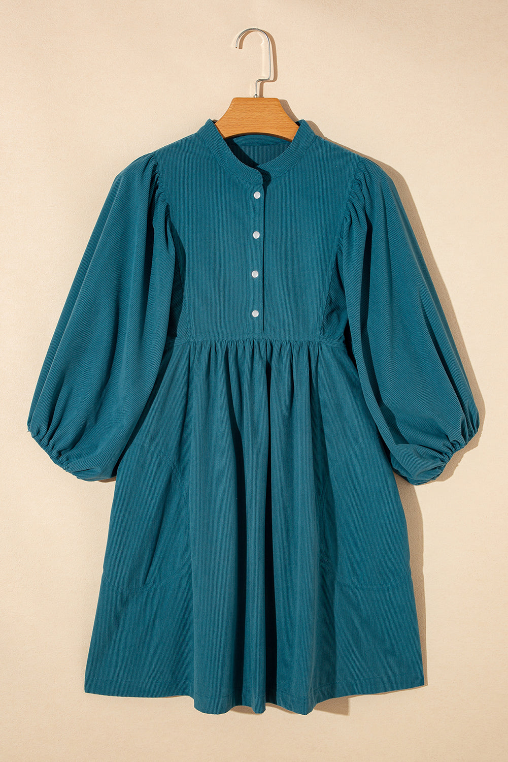 Corduroy (Blue) 3/4 Bracelet Sleeve Mini Dress w/Pockets