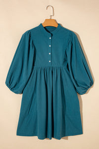 Corduroy (Blue) 3/4 Bracelet Sleeve Mini Dress w/Pockets