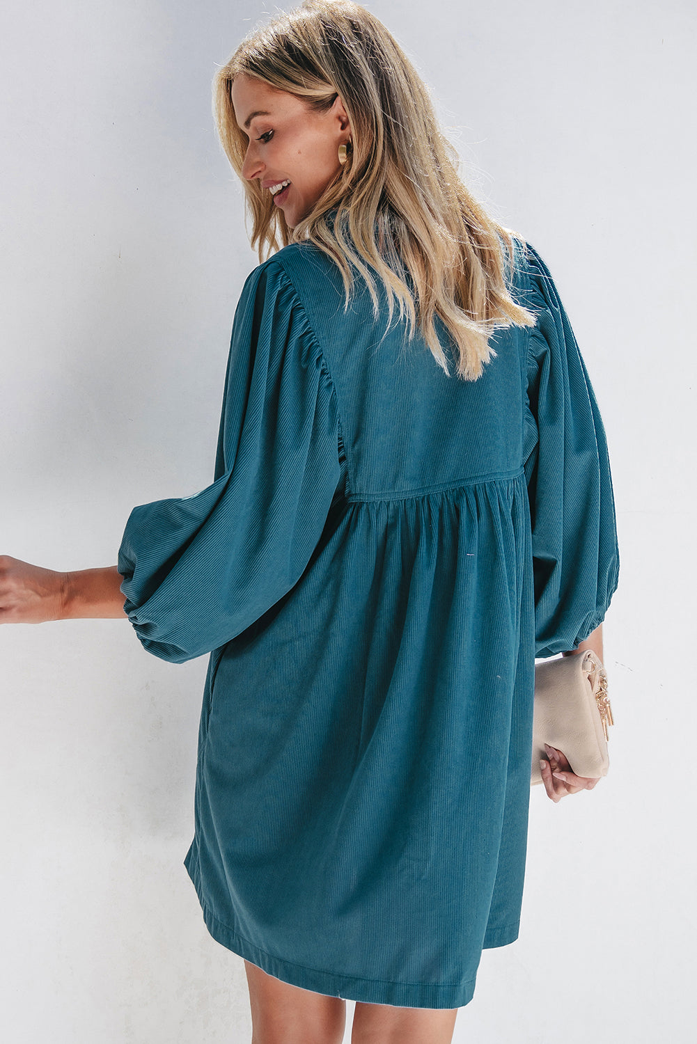 Corduroy (Blue) 3/4 Bracelet Sleeve Mini Dress w/Pockets