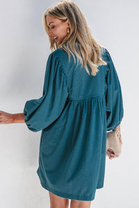 Corduroy (Blue) 3/4 Bracelet Sleeve Mini Dress w/Pockets