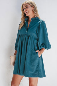 Corduroy (Blue) 3/4 Bracelet Sleeve Mini Dress w/Pockets