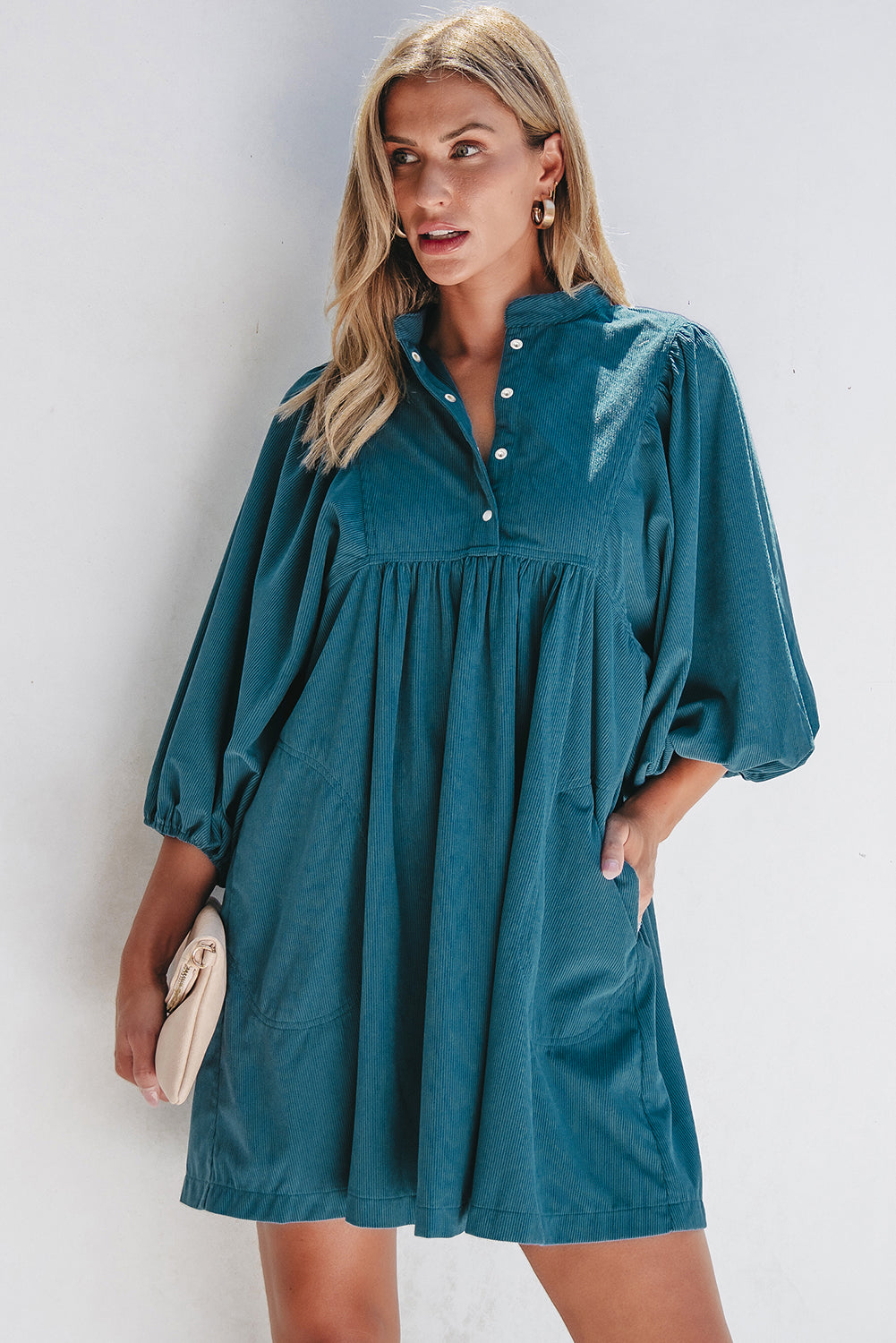 Corduroy (Blue) 3/4 Bracelet Sleeve Mini Dress w/Pockets