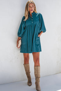 Corduroy (Blue) 3/4 Bracelet Sleeve Mini Dress w/Pockets