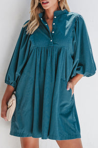 Corduroy (Blue) 3/4 Bracelet Sleeve Mini Dress w/Pockets