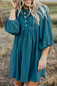 Corduroy (Blue) 3/4 Bracelet Sleeve Mini Dress w/Pockets