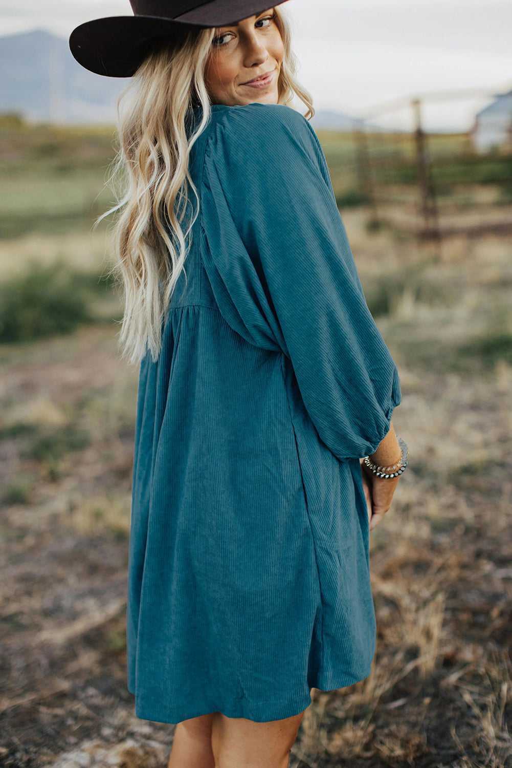 Corduroy (Blue) 3/4 Bracelet Sleeve Mini Dress w/Pockets