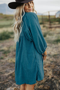 Corduroy (Blue) 3/4 Bracelet Sleeve Mini Dress w/Pockets
