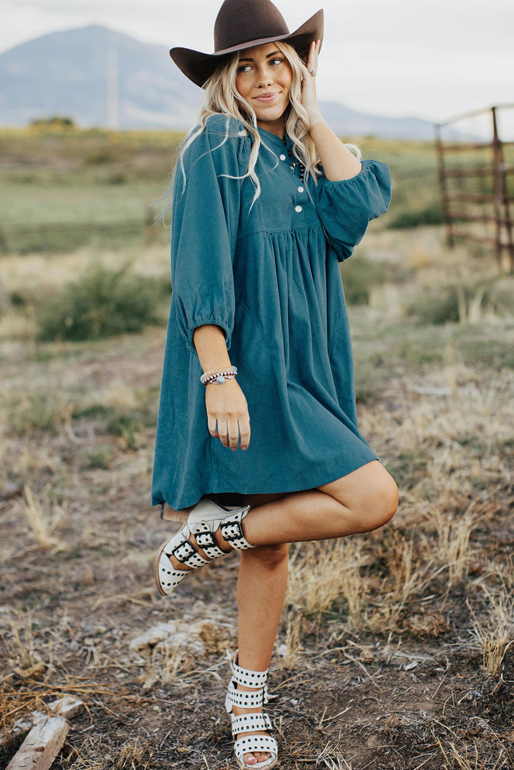 Corduroy (Blue) 3/4 Bracelet Sleeve Mini Dress w/Pockets