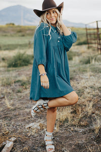 Corduroy (Blue) 3/4 Bracelet Sleeve Mini Dress w/Pockets